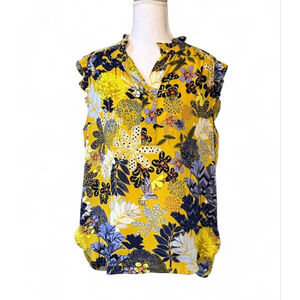 LOFT Yellow Floral Sleeveless Blouse Ruffle Shoulder Top L